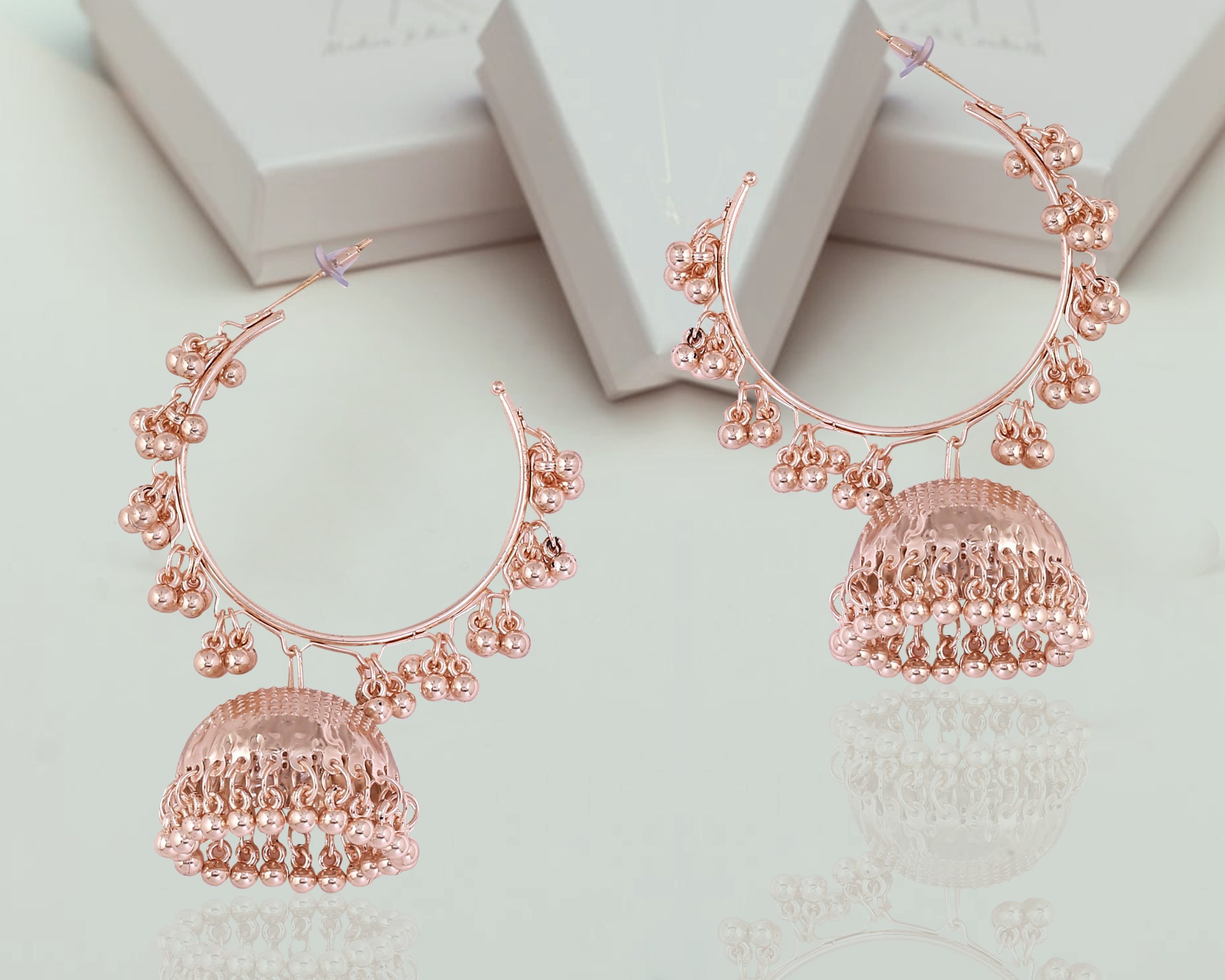 Rose Gold Bali Jhumki Earrings, Kashmiri Bali Jhumki