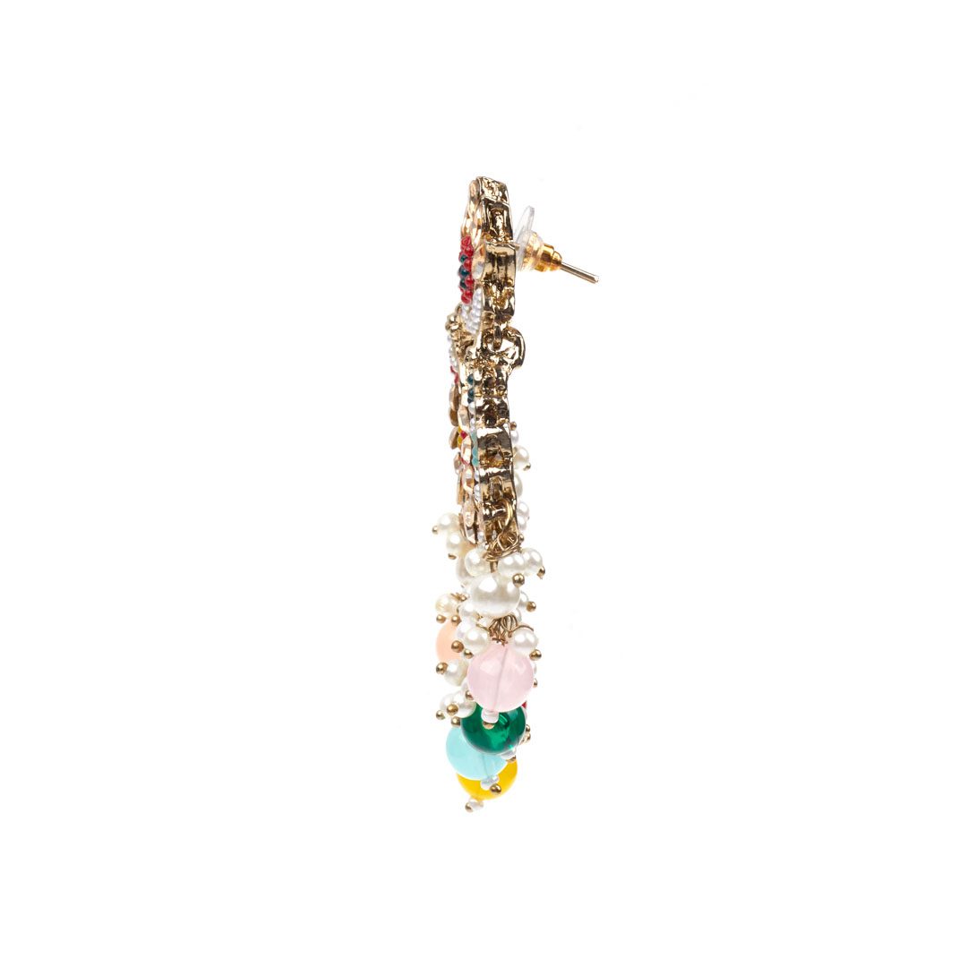 Kashmiri Style Multicolour Antique Gold-Plated Chandbali Earrings with Pearl Danglers - Image 3