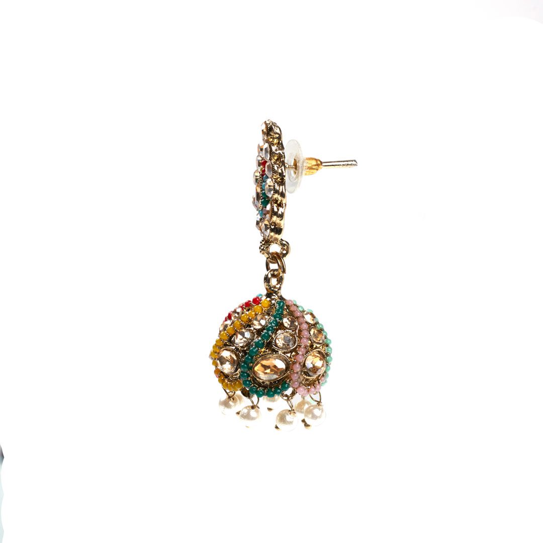"Royal Rajasthani Handcrafted Multicolor Jhumka Earrings – Mehndi Gold Plated with Pearl & Stone Work" - Image 3