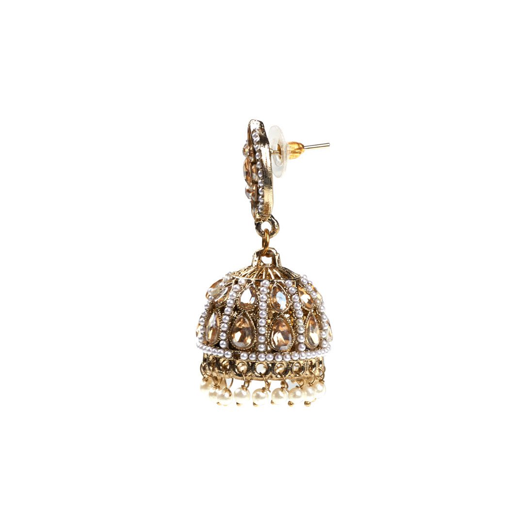 "Designer Collection Handmade Jhumka Earrings – Matt Gold Finish with Golden Shadow Stone Work" - Image 3