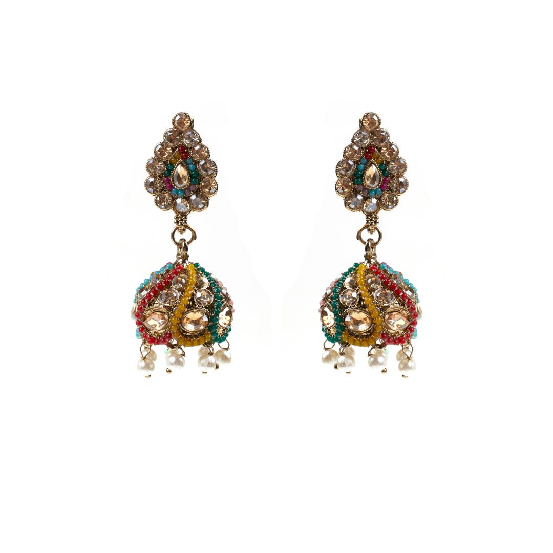 "Royal Rajasthani Handcrafted Multicolor Jhumka Earrings – Mehndi Gold Plated with Pearl & Stone Work" - Image 2