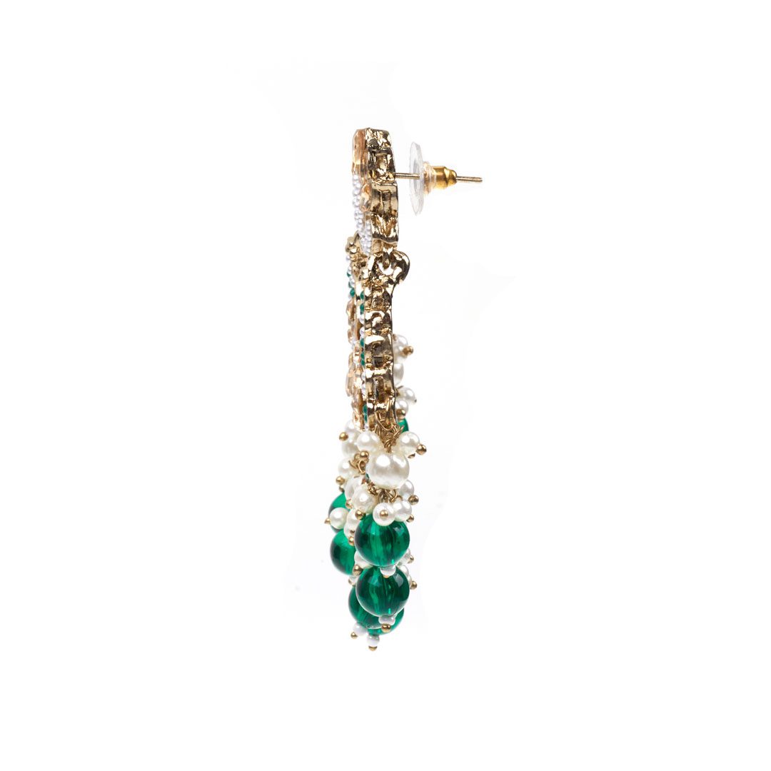 Green drop work Chandbali Earrings Antique Gold Plated, Embellished with Fine Pearls and Elegant Green Drop Pearl Danglers - Image 3